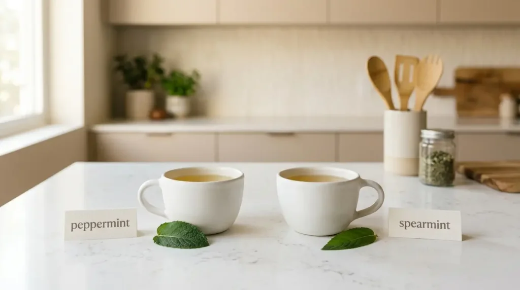 peppermint vs spearmint tea comparison — two small cups of peppermint and spearmint tea with leaves and labels on white kitchen counter