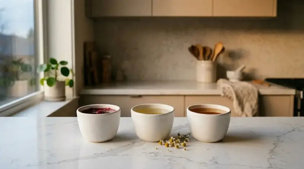 bedtime herbal teas — hibiscus chamomile and rooibos in three white cups as evening sleep options on white kitchen counter