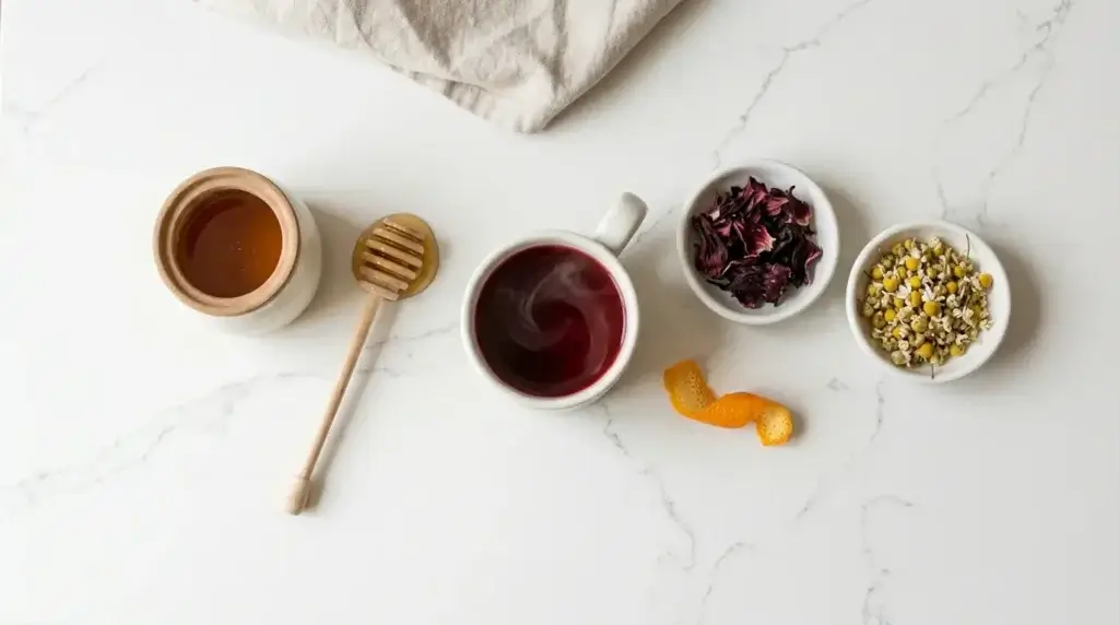 hibiscus and chamomile bedtime blend — flat lay of hibiscus tea with chamomile flowers and orange peel for evening sleep on white kitchen counter
