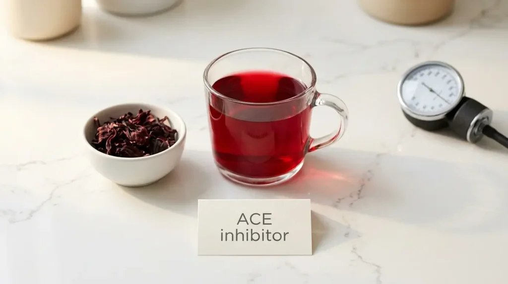 hibiscus tea ACE inhibitor blood pressure mechanism — flat lay of hibiscus tea with dried calyces and ACE inhibitor label on white kitchen counter