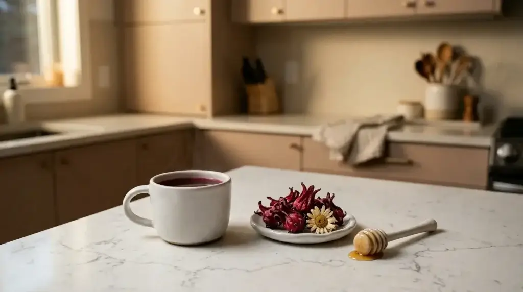 hibiscus tea before bed — small ceramic mug of ruby red hibiscus tea with chamomile and honey as an evening ritual on white kitchen counter