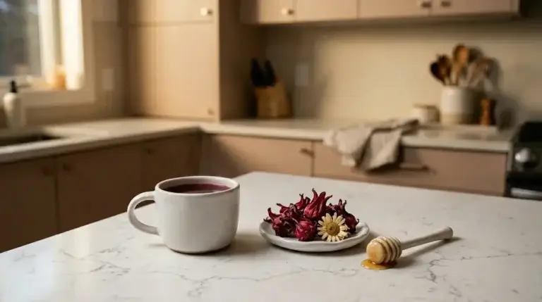 hibiscus tea before bed — small ceramic mug of ruby red hibiscus tea with chamomile and honey as an evening ritual on white kitchen counter