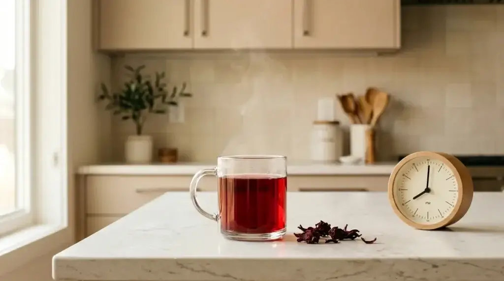 hibiscus tea before bed timing — glass of red hibiscus tea with analog clock showing 8pm optimal timing on white kitchen counter