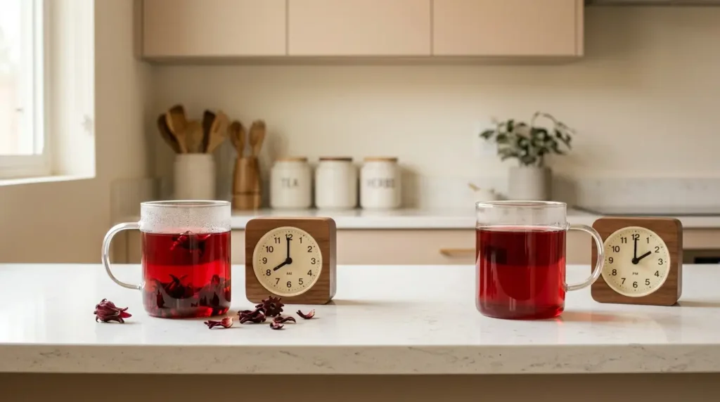 hibiscus tea blood pressure daily schedule — two cups of red hibiscus tea with clocks showing 8am and 2pm timing on white kitchen counter