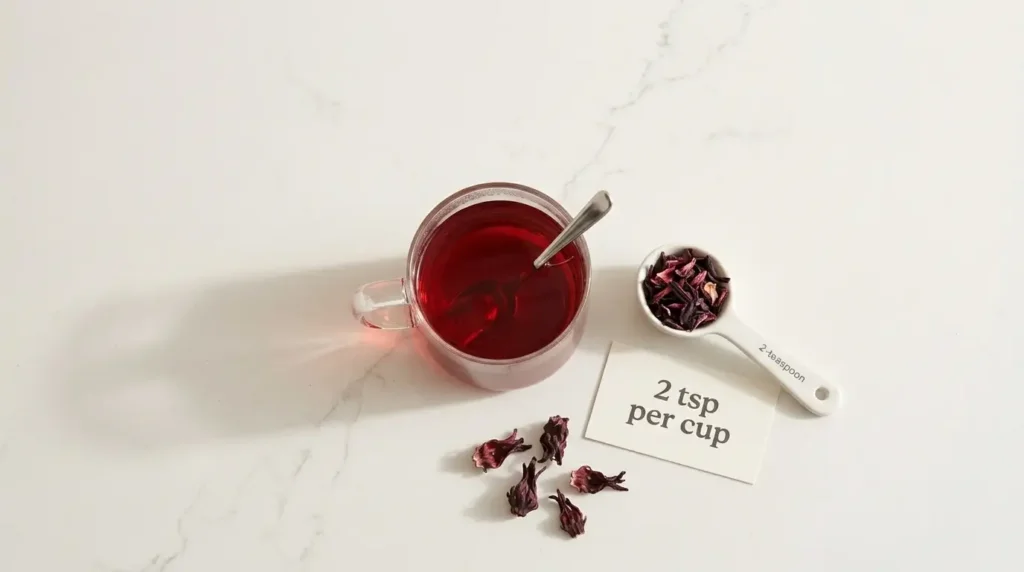 hibiscus tea dosage for blood pressure — flat lay showing 2 teaspoons of dried hibiscus calyces per cup measurement on white kitchen counter