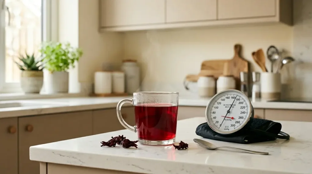 hibiscus tea for high blood pressure — glass of red hibiscus tea beside a blood pressure monitor on white kitchen counter