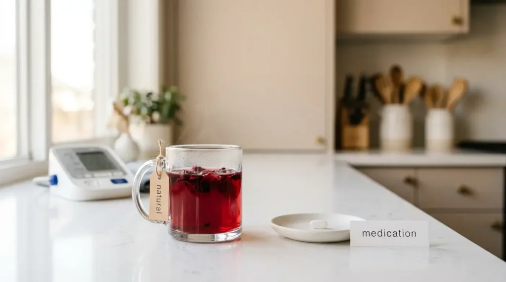 hibiscus tea versus blood pressure medication — comparison of natural hibiscus tea and medication on white kitchen counter