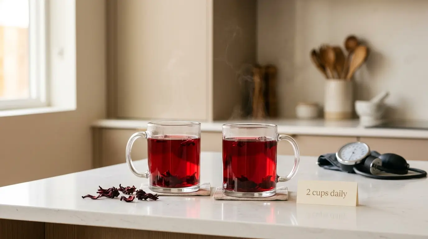 how much hibiscus tea to lower blood pressure — two cups of red hibiscus tea with blood pressure monitor and 2 cups daily label on white kitchen counter