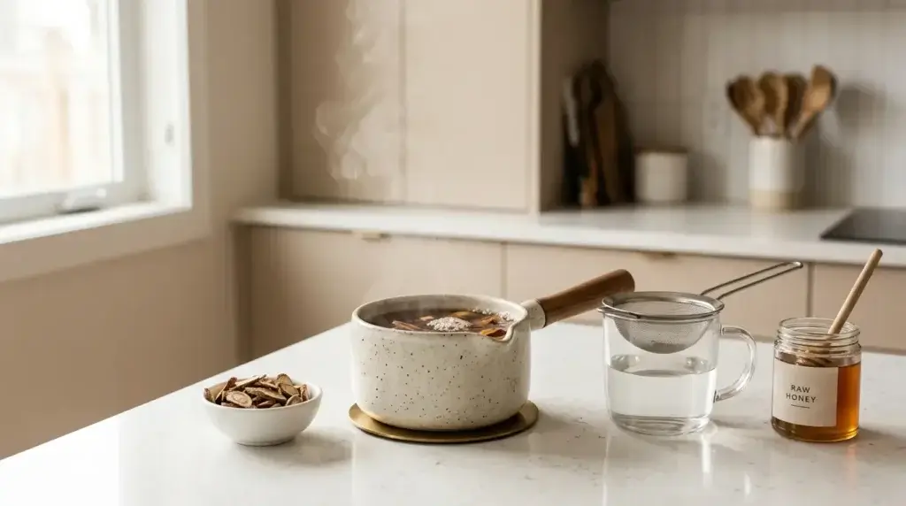 how to make burdock root tea — simmering burdock root slices in a small saucepan with strainer and honey on white kitchen counter