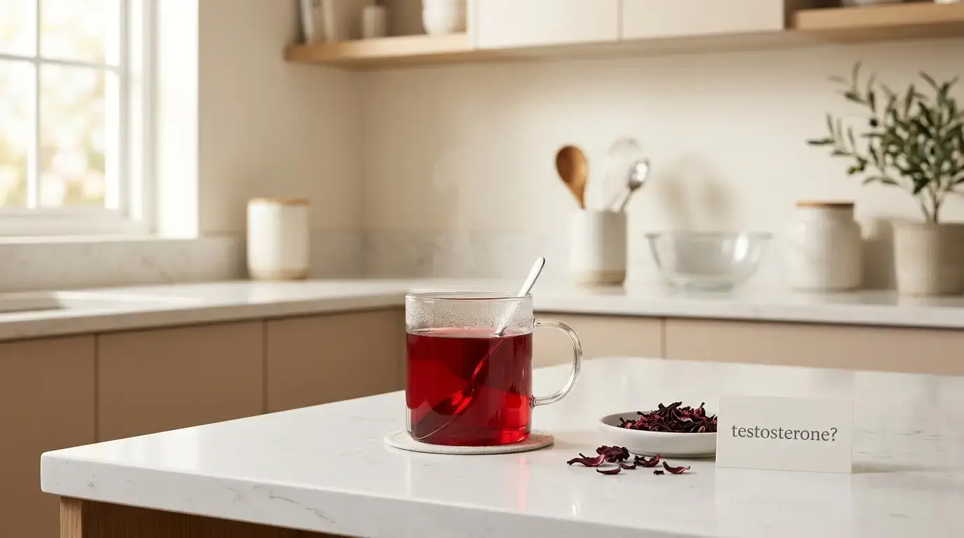 does hibiscus tea affect testosterone — glass of red hibiscus tea with dried calyces and testosterone question label on white kitchen counter