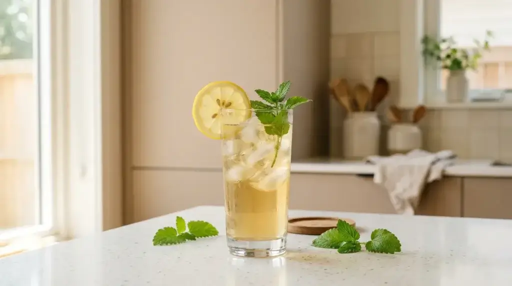 lemon balm iced tea — tall glass of cold pale golden lemon balm tea over ice with lemon and fresh mint sprig on white kitchen counter