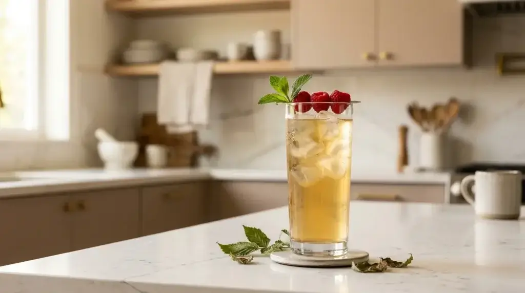 raspberry leaf iced tea — tall glass of cold pale golden raspberry leaf tea over ice with mint and raspberries on white kitchen counter