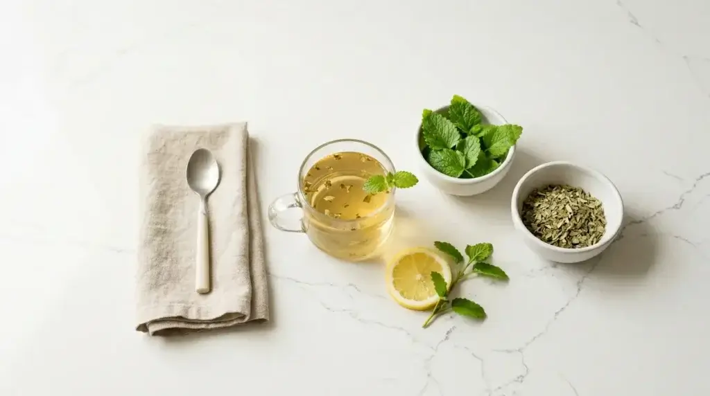 lemon balm tea fresh vs dried — flat lay of lemon balm tea with fresh and dried lemon balm leaves side by side on white kitchen counter