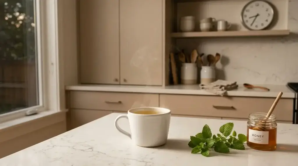 lemon balm tea for sleep — small white ceramic mug of pale golden lemon balm tea with fresh sprig and honey as evening ritual on white kitchen counter