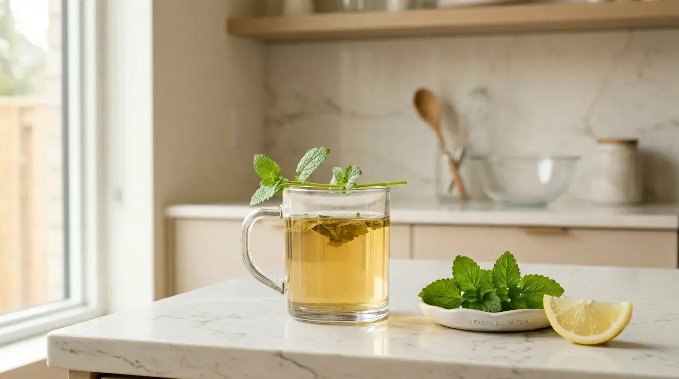 lemon balm tea benefits — clear glass mug of pale golden lemon balm tea with fresh lemon balm sprig and lemon slice on white kitchen counter