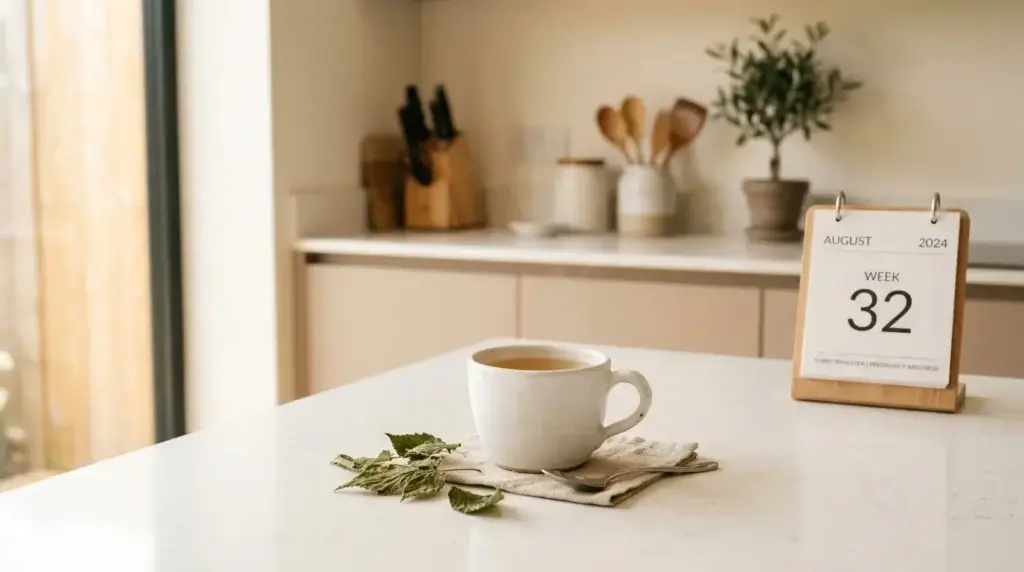 aspberry leaf tea pregnancy timing — small white mug of raspberry leaf tea with calendar showing week 32 for third trimester use on white kitchen counter