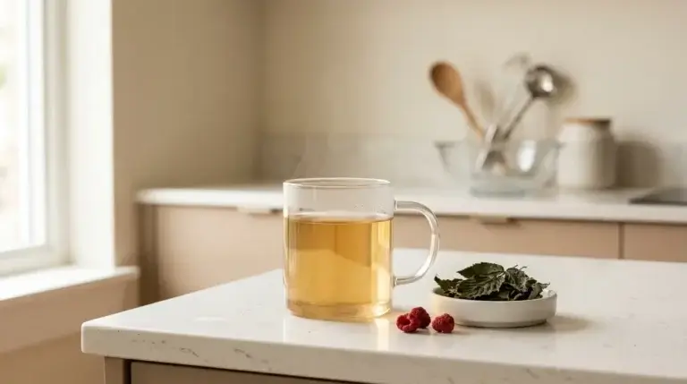 raspberry leaf tea benefits — clear glass mug of pale golden raspberry leaf tea with dried raspberry leaves and raspberries on white kitchen counter