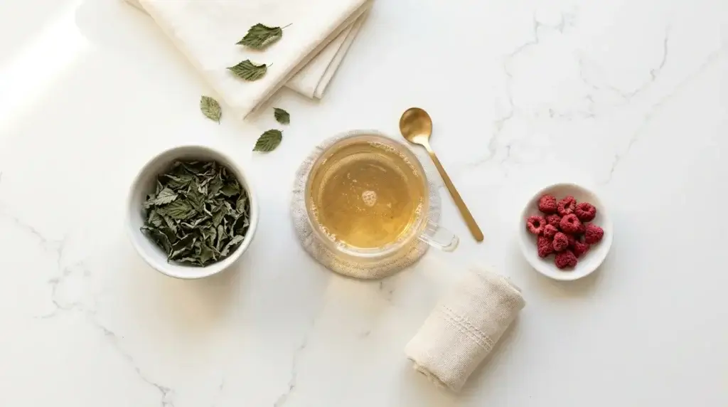 raspberry leaf tea for period and menstrual support — flat lay of raspberry leaf tea with dried leaves and heating pad on white kitchen counter
