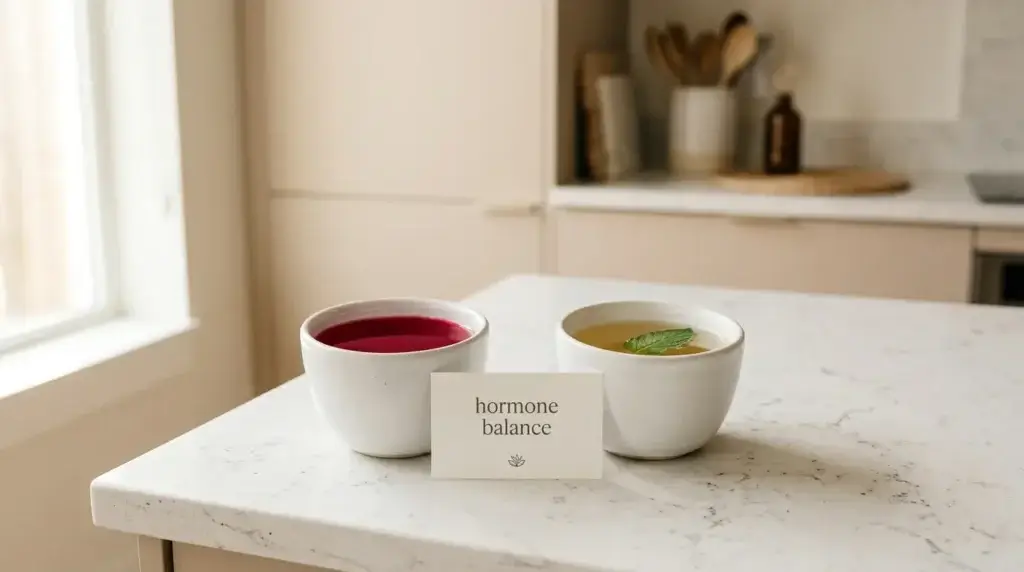 hibiscus and spearmint tea hormone balance women — two cups of red hibiscus and golden spearmint tea with hormone balance label on white kitchen counter