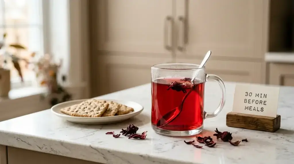 hibiscus tea before meals for weight loss — glass of red hibiscus tea with bread and 30 min before meals label on white kitchen counter