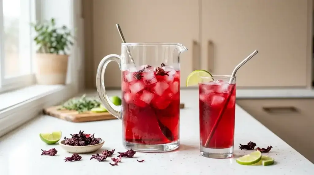 hibiscus tea cold brew for daily weight loss hydration — glass pitcher of ruby red hibiscus cold brew with poured glass and lime on white kitchen counter