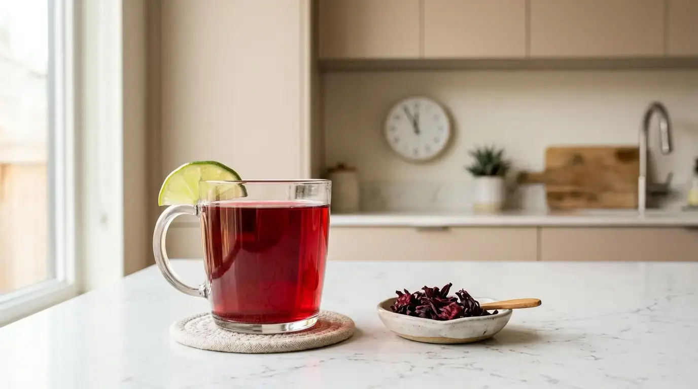 hibiscus tea weight loss — glass of red hibiscus tea with lime and pre-meal timing clock on white kitchen counter