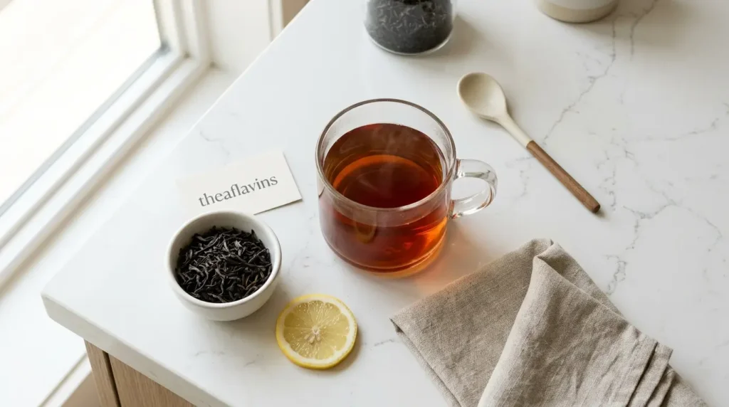 black tea theaflavins antioxidants — flat lay of black tea with dried leaves theaflavins label and lemon slice on white kitchen counter