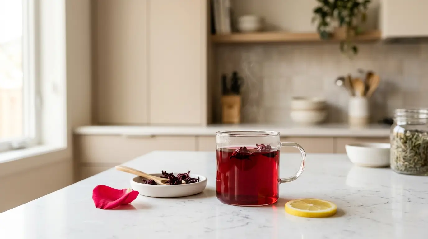 hibiscus tea for skin benefits — glass of deep red hibiscus tea with rose petal and lemon slice on white kitchen counter