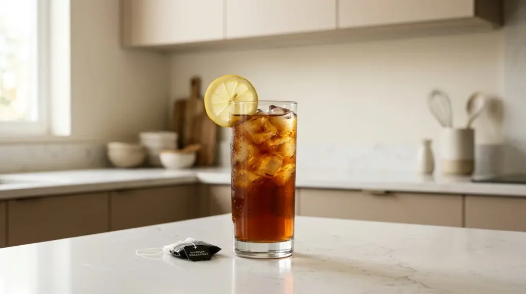 iced black tea — tall glass of cold amber black tea over ice with lemon slice on white kitchen counter