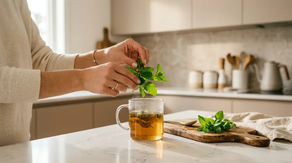 how to make herbal tea from fresh herbs — fresh herb sprigs being placed into clear glass mug on white kitchen counter