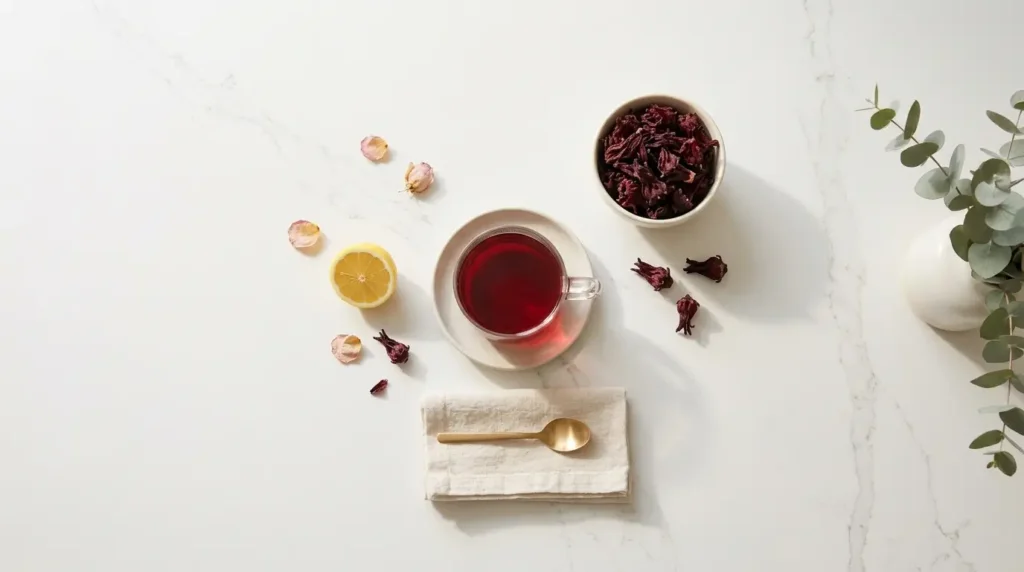 hibiscus tea skin antioxidant collagen — flat lay of red hibiscus tea with dried calyces lemon and rose petals on white kitchen counter
