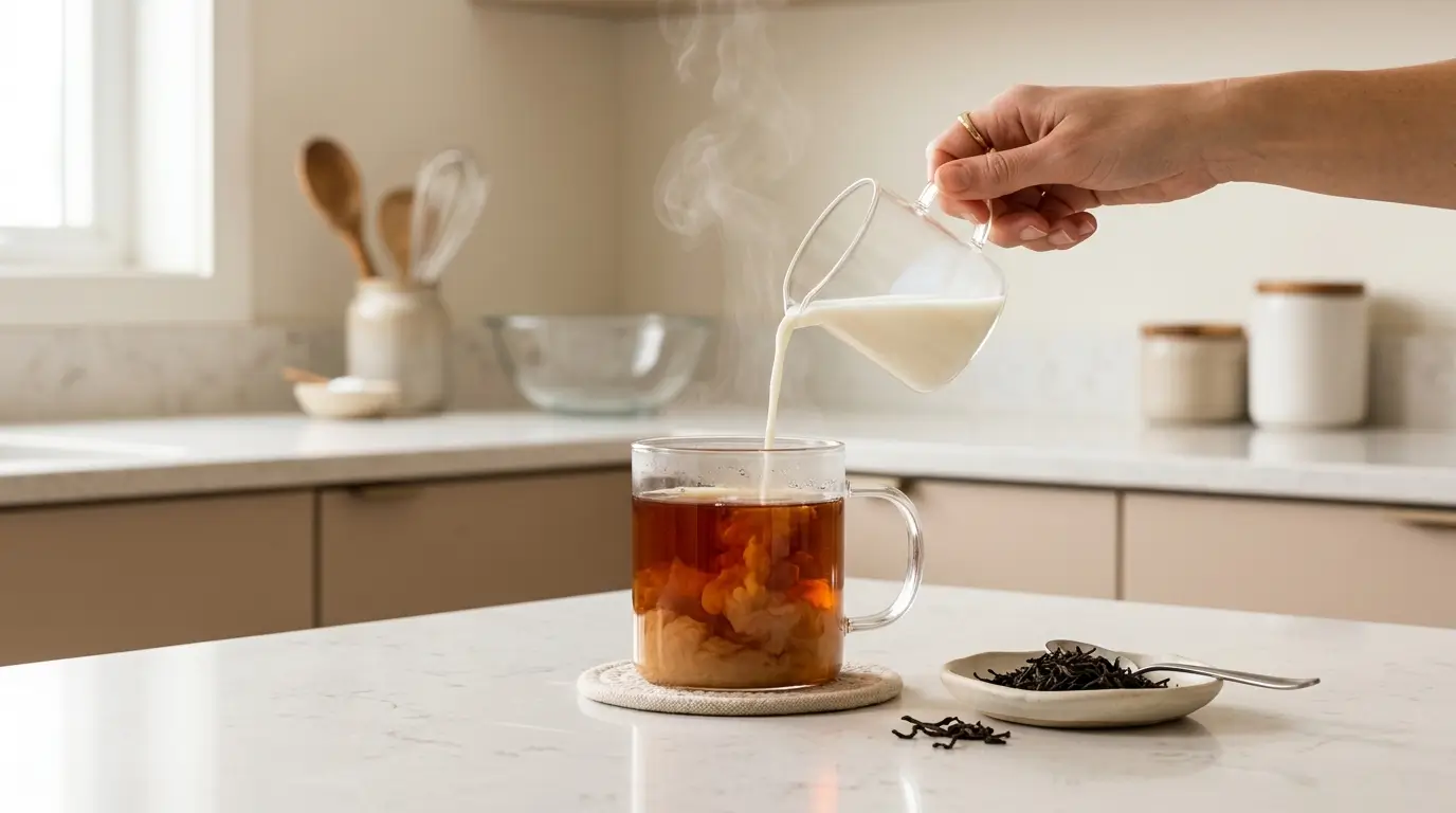 black tea benefits — clear glass mug of deep amber black tea with milk swirl and dried tea leaves on white kitchen counter
