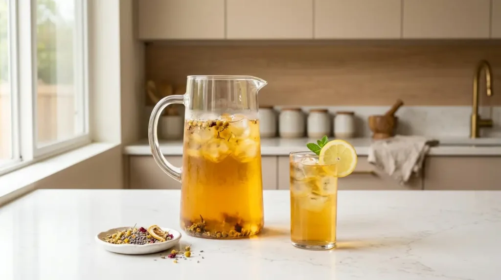 cold brew herbal tea — large glass pitcher of golden amber cold brew herbal tea with poured glass and lemon on white kitchen counter