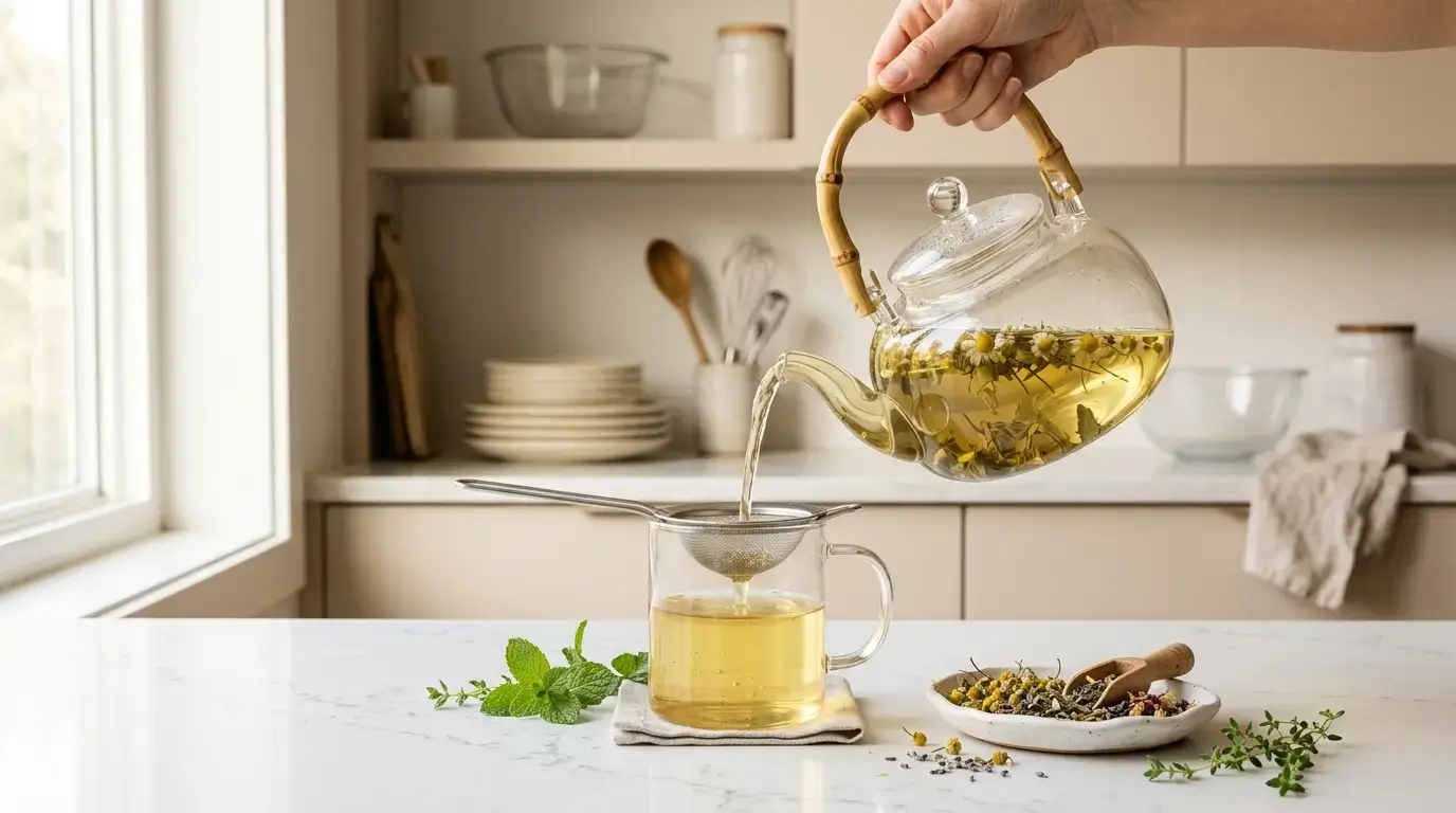how to make herbal tea — glass teapot pouring golden herbal tea through strainer into glass mug on white kitchen counte