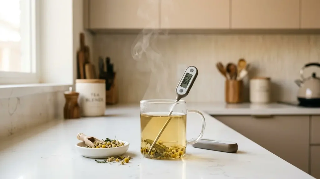 herbal tea temperature steeping guide — kitchen thermometer showing 90°C beside glass mug of herbal tea with steam on white kitchen counter