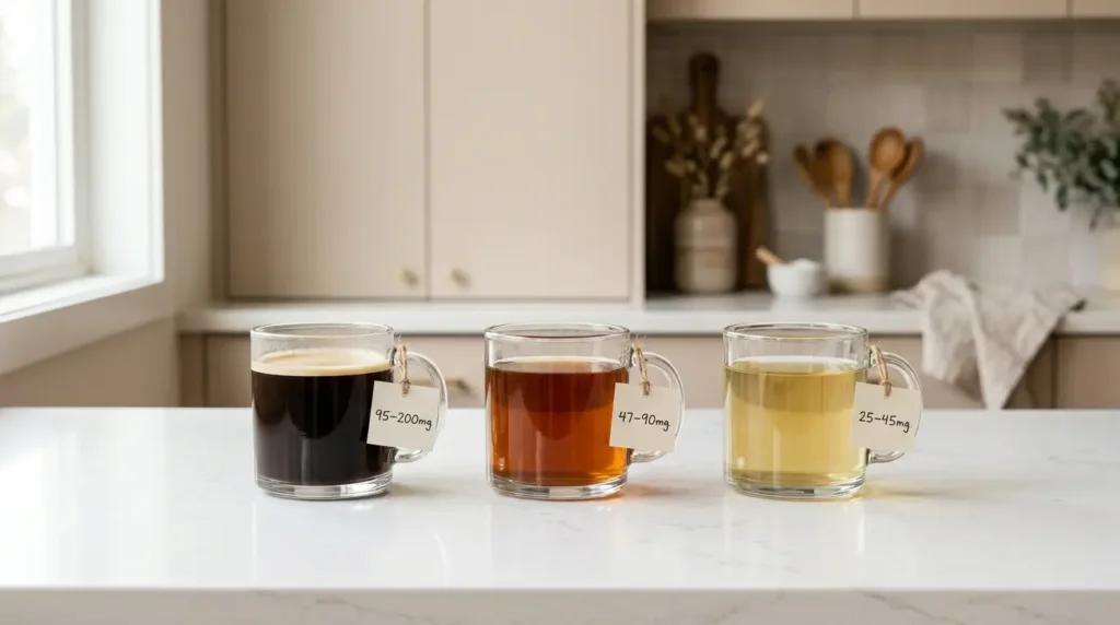 black tea caffeine comparison — three mugs showing coffee at 200mg black tea at 70mg and green tea at 35mg caffeine on white kitchen counter