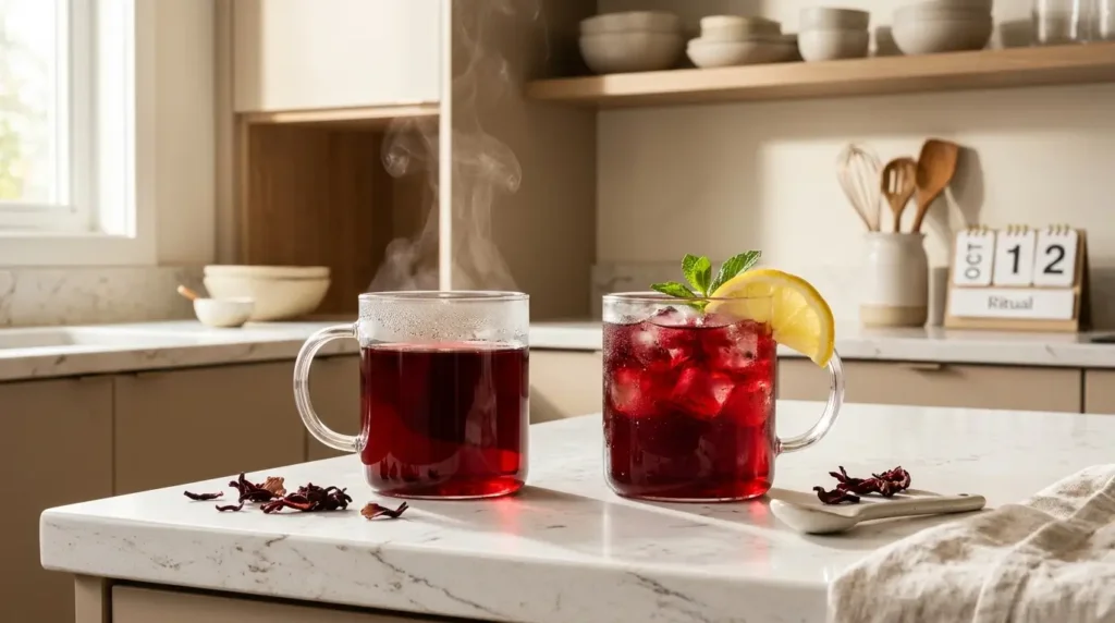 hibiscus tea for skin daily routine — hot and cold hibiscus tea side by side with calendar suggesting daily consistency on white kitchen counter