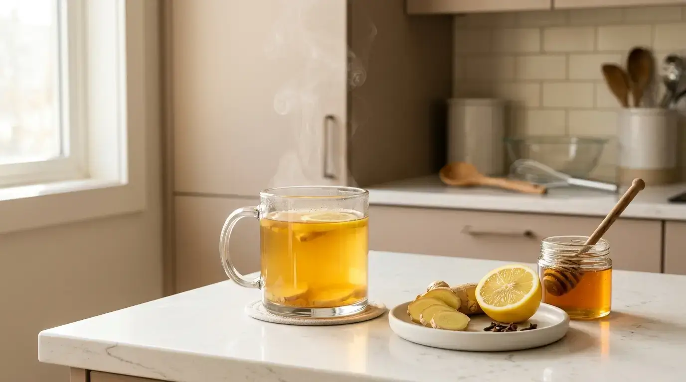 best tea for sore throat — clear glass mug of golden ginger honey lemon tea with fresh ginger and lemon on white kitchen counter