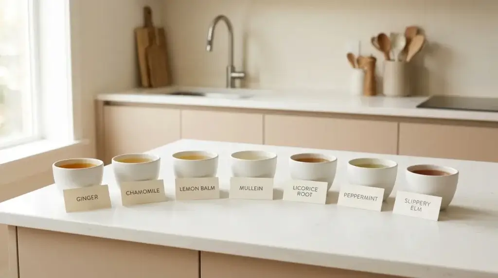 best teas for sore throat comparison — seven small cups of different herbal teas for sore throat relief on white kitchen counter