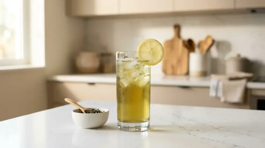 cold brew green tea — tall glass of golden-green cold brew tea over ice with lemon on white kitchen counter