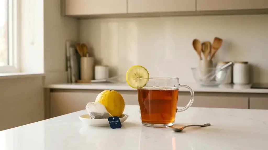 earl grey tea benefits — clear glass mug of amber earl grey tea with bergamot lemon and tea bag on white kitchen counter