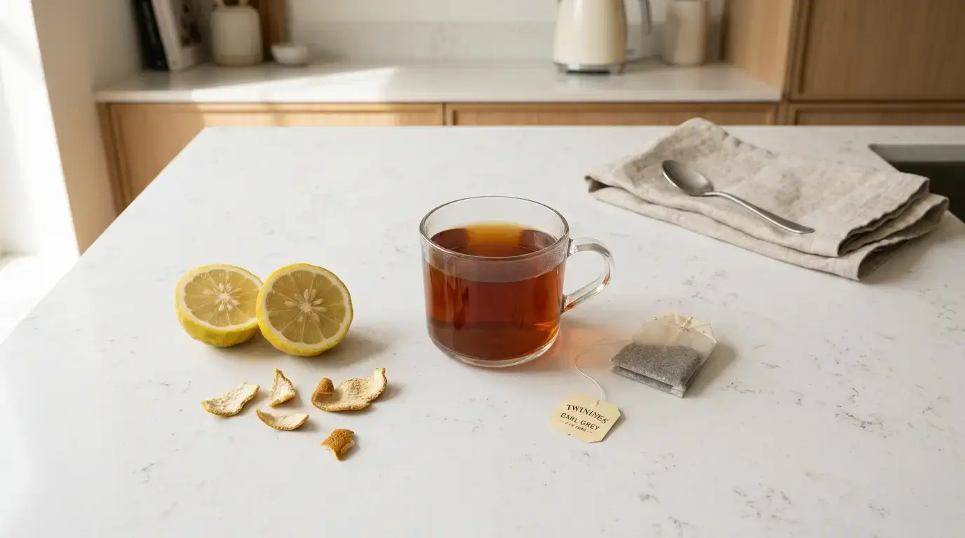 earl grey tea bergamot mood benefits — flat lay of earl grey tea with bergamot citrus fruit and dried peel on white kitchen counter