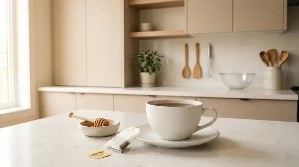 earl grey tea morning ritual — white ceramic cup of hot earl grey tea with honey as a sophisticated morning wellness routine on white kitchen counter