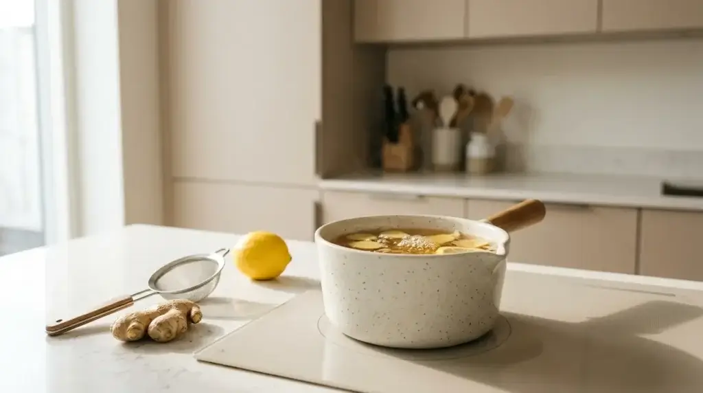 ginger tea simmering for weight loss — small saucepan with gently simmering golden ginger tea with fresh ginger slices on white kitchen counter