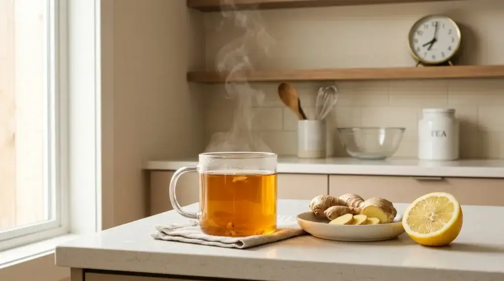 ginger tea for weight loss — clear glass mug of golden ginger tea with fresh ginger root and lemon as morning weight loss ritual on white kitchen counter