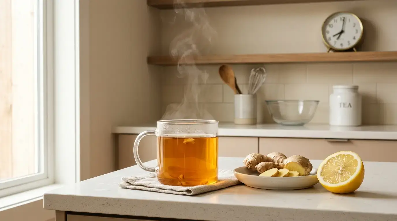 ginger tea for weight loss — clear glass mug of golden ginger tea with fresh ginger root and lemon as morning weight loss ritual on white kitchen counter