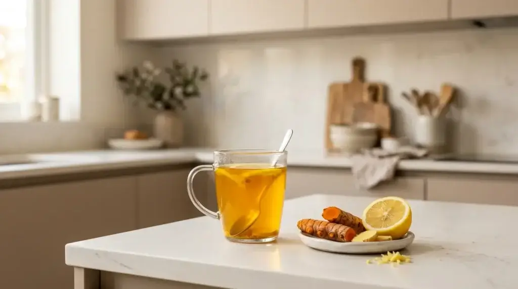 ginger turmeric lemon tea for weight loss — clear glass mug of vivid golden ginger turmeric lemon tea with fresh roots on white kitchen counter