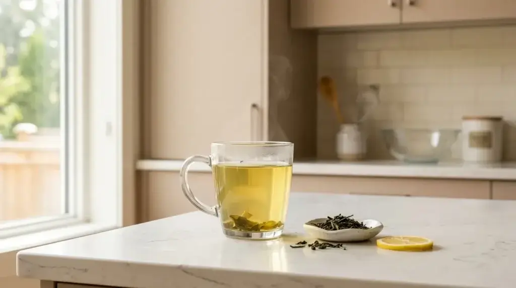 green tea benefits — clear glass mug of pale golden green tea with dried green tea leaves and lemon slice on white kitchen counter