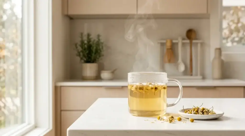 green tea EGCG antioxidant — flat lay of green tea with dried leaves EGCG label and lemon on white kitchen counter