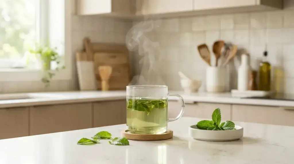 green tea preparation temperature — pouring pale green tea from kettle with thermometer showing 75°C on white kitchen counter